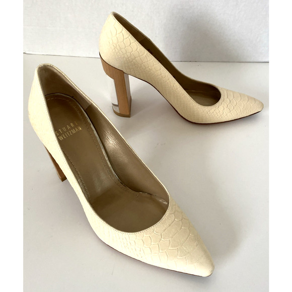 Stuart Weitzman Laney Pump Ivory Cream Snake Embossed Leather Point Wood Clear 7 - Picture 5 of 10